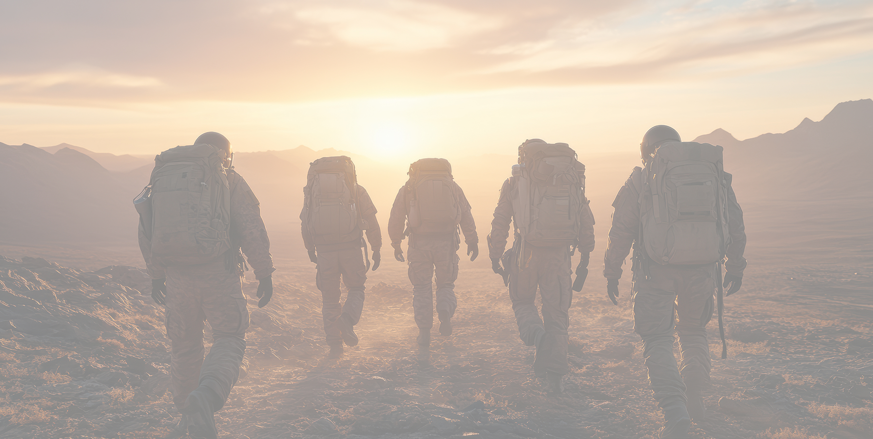 Warfighters walking toward a sunrise in mountainous terrain